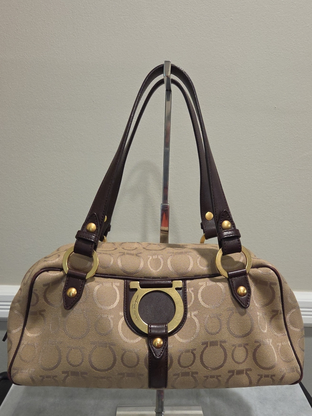 Salvatore Ferragamo Gancini East West Canvas Satchel Beige and Brown Shoulder